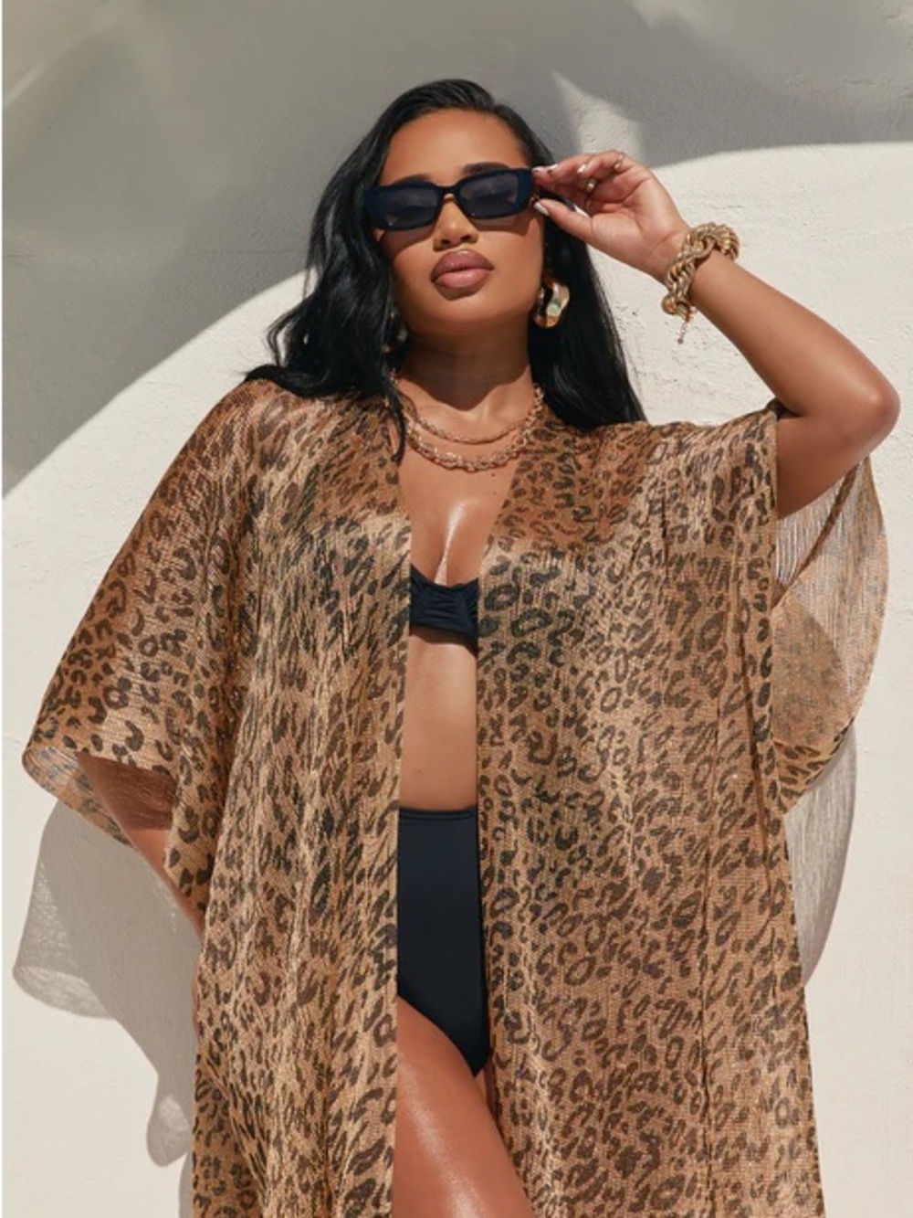 Leopard Print Fringe Kimono in Brown and Black, Swim Coverup